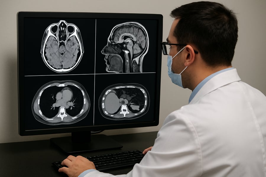 Medical professional reviewing CT and MR images on a computer screen Medical professional reviewing CT and MR images on a computer screen