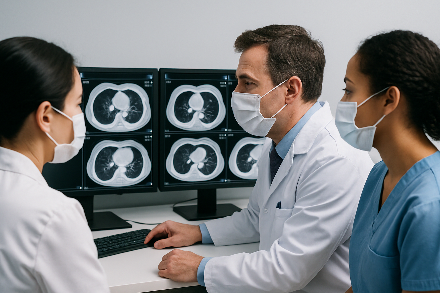 Medical professionals reviewing CT scans on computer screens
