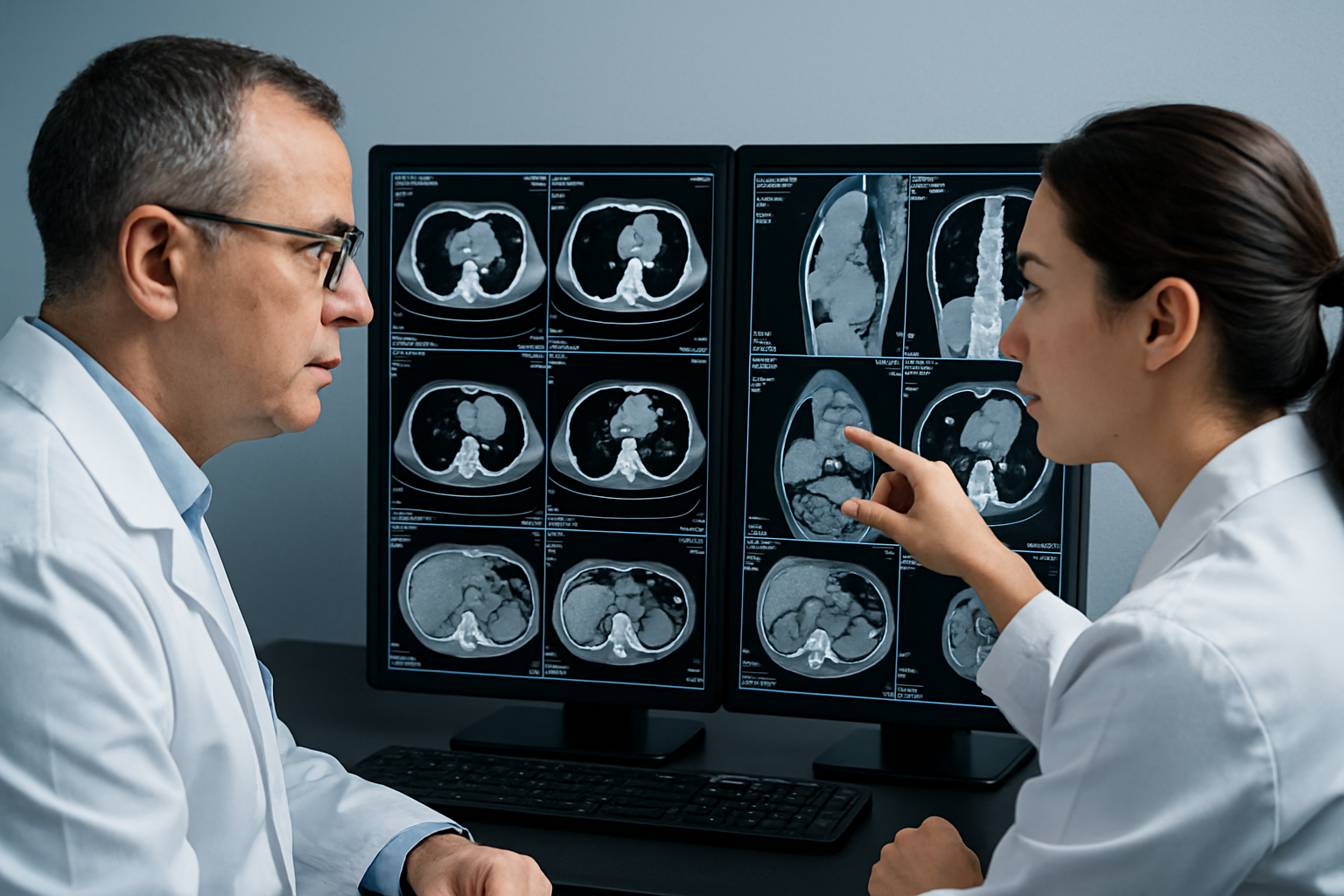 Radiology professionals reviewing CT scans on a digital workstation