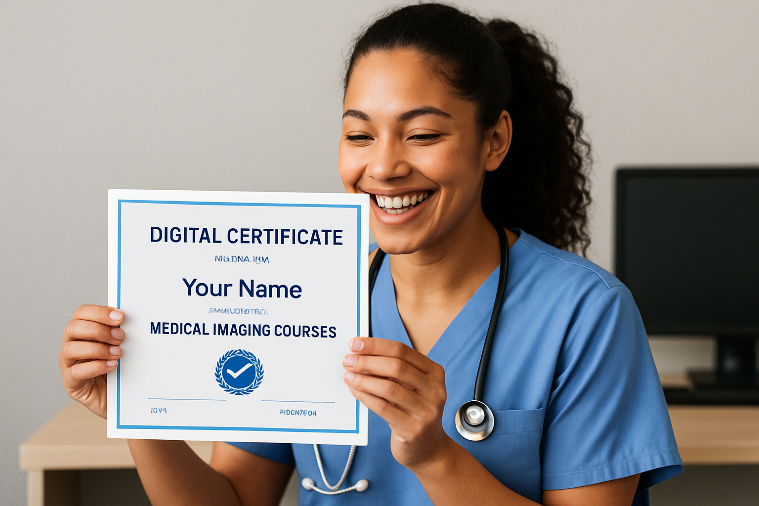 Healthcare worker receiving a digital certificate for completing medical imaging courses